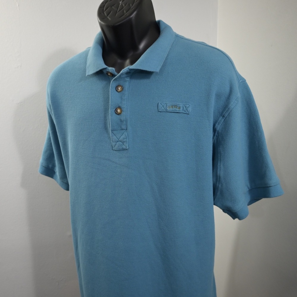 Orvis Golf Polo Mens L Blue Short Sleeve 100% Cotton Pique Hiking Fishing